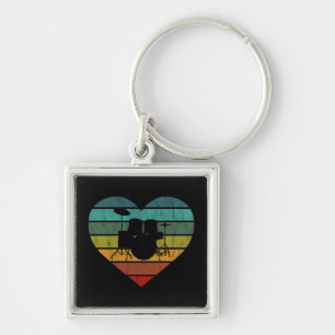 I Love Drums Retro Heart Keychain