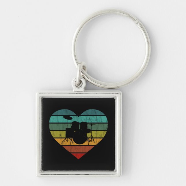 I Love Drums Retro Heart Keychain (Front)
