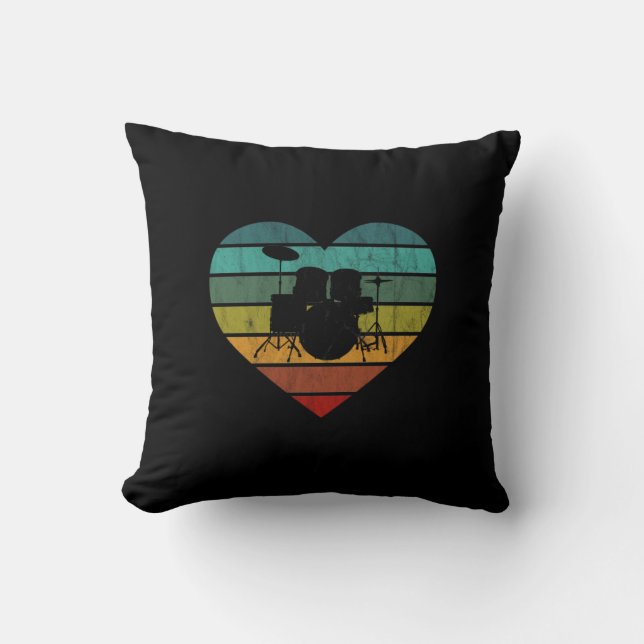 I Love Drums Retro Heart Throw Pillow (Front)