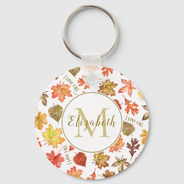 "I love fall" colourful autumn leaves personalized Keychain (Front)