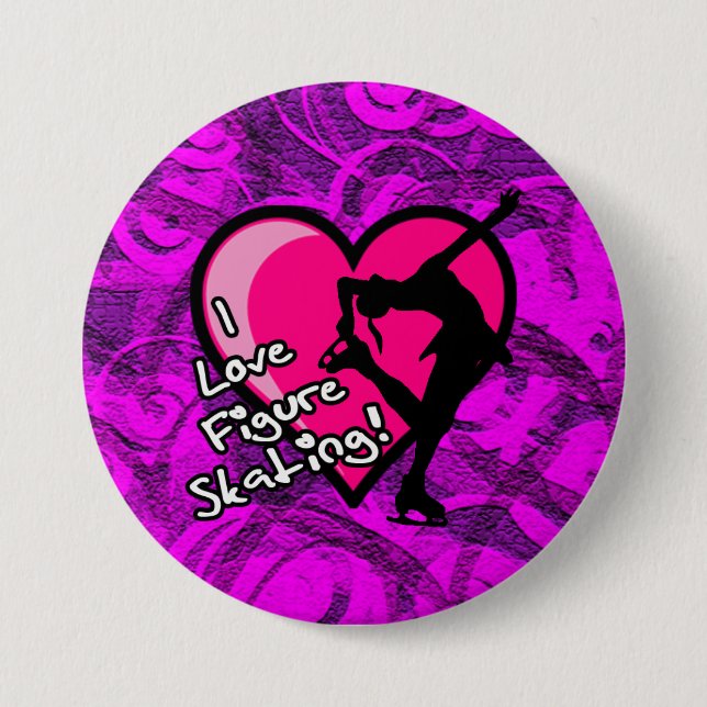I love figure skating button, purple swirls 3 inch round button (Front)