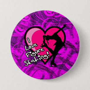 I love figure skating button, purple swirls 3 inch round button