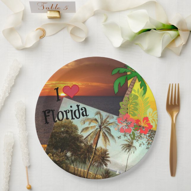 I Love Florida, Popular Tropical Design, Paper Plate (Wedding)