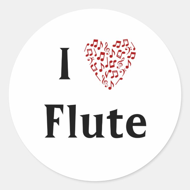 I Love Flute Red Heart of Music Notes Classic Round Sticker (Front)