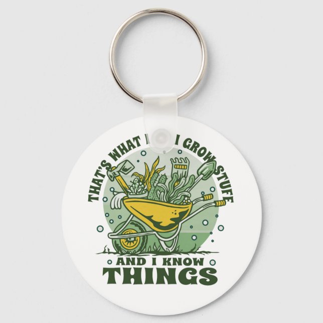 I love gardening with the funny gardener wheelbarr keychain (Front)