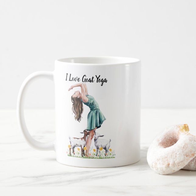 I Love Goat Yoga Typography, Cute Girl & Goats Coffee Mug (With Donut)