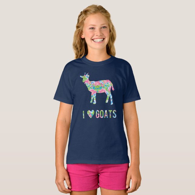 I Love Goats Colourful Floral Pattern T-Shirt (Front Full)