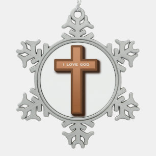 "I LOVE GOD" CROSS SNOWFLAKE PEWTER CHRISTMAS ORNAMENT
