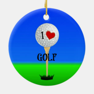 I Love Golf, Golf Ball on Tee Ceramic Ornament