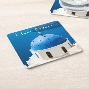 I love Greece Church Santorini blue photo and text Square Paper Coaster