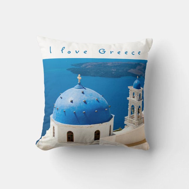 I love Greece Church Santorini blue photo and text Throw Pillow (Front)