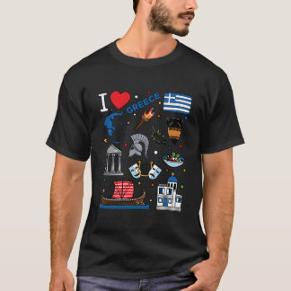 I Love Greece Hand Drawn Greek Landmarks Flag And  T-Shirt