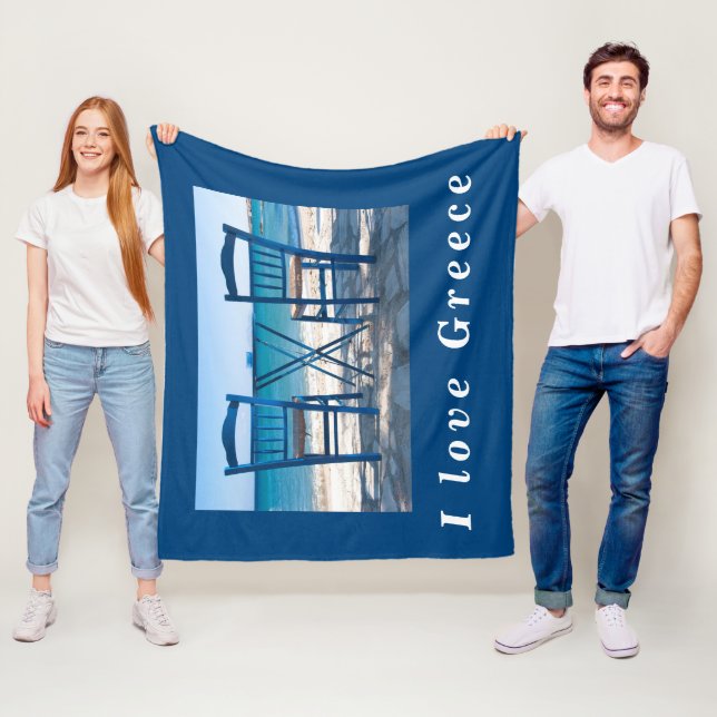 I love Greece taverna photo blue and white Fleece Blanket (In Situ)