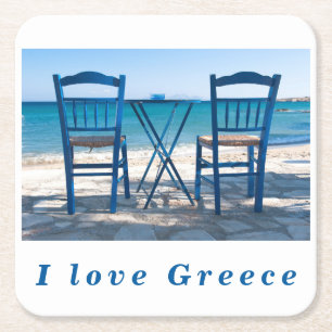 I love Greece taverna photo blue and white Square Paper Coaster