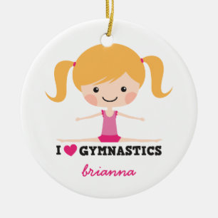I love gymnastics cartoon girl personalized name ceramic ornament