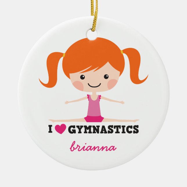 I love gymnastics cartoon girl personalized name ceramic ornament (Front)