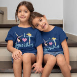 I Love Gymnastics Cute Custom Gymnast T-Shirt<br><div class="desc">I Love Gymnastics. A pretty personalized gymnastics girl gift with adorable teal text in between two tumbling girls and a beautiful pink heart. A cute gymnast present for a kids or women's gymnastic coach. Customize with your child's name in pink writing.</div>