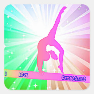 "I LOVE GYMNASTICS GLOSSY STICKERS. SQUARE STICKER