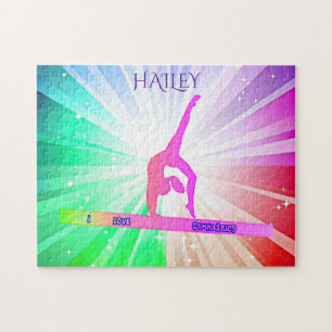 "I LOVE GYMNASTICS" lights puzzle with gymnast.