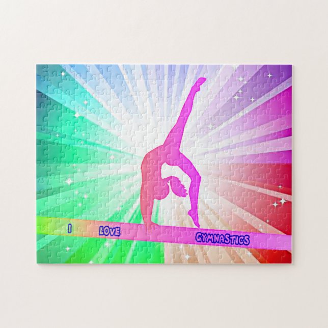 "I LOVE GYMNASTICS" lights puzzle with gymnast. (Horizontal)