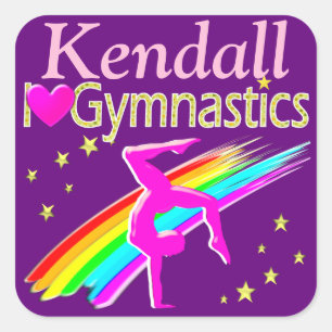 I LOVE GYMNASTICS PERSONALIZED PURPLE STICKERS