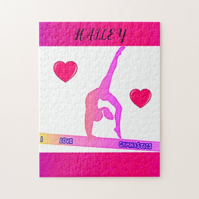 "I Love Gymnastics" puzzle with hearts. (Vertical)