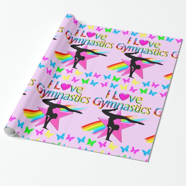 I LOVE GYMNASTICS RAINBOW GYMNAST GIRL DESIGN WRAPPING PAPER (Unrolled)