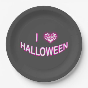 I Love Halloween (Batty Love Heart) Purple White Paper Plate