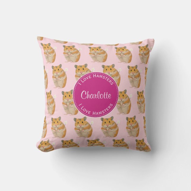 I love Hamsters Pink Hamster Pattern Throw Pillow (Front)