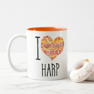 I Love Harp Orange Mandala Heart Two-Tone Coffee Mug