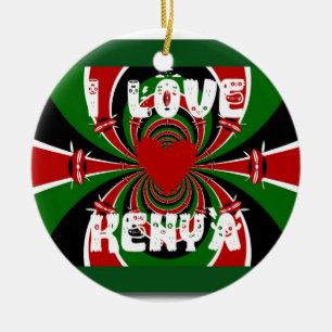 I Love Heart Kenya: Dynamic Flag Art Ceramic Ornament