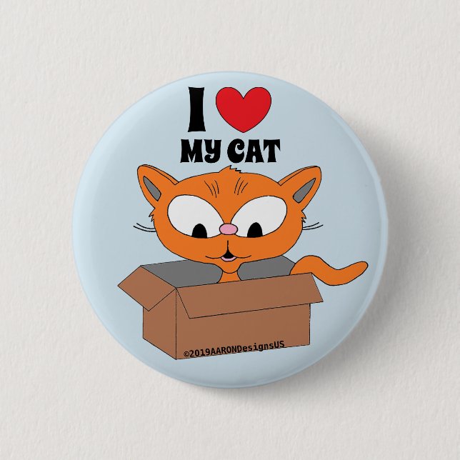 I Love (heart) My Cat Cute Cartoon Cat in Box 2 Inch Round Button (Front)