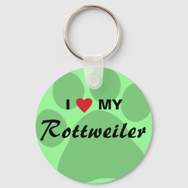 I Love (Heart) My Rottweiler Pawprint Keychain (Front)