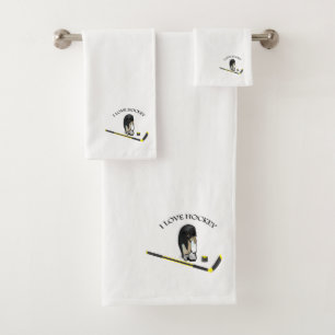 I Love hockey custom design with stick and helmet Bath Towel Set