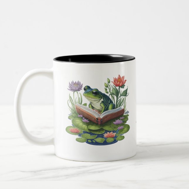 I Love Hoppy Endings Book Lovers Frog Two-Tone Coffee Mug (Left)