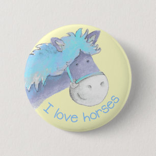 I love horses button/badge blue & yellow 2 inch round button