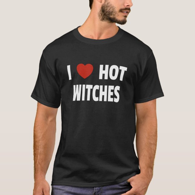 I Love Hot Witches Matching Couples Halloween Cost T-Shirt (Front)