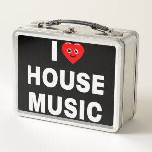 I LOVE HOUSE MUSIC WHITE FONTS BLACK BACKGROUND METAL LUNCH BOX