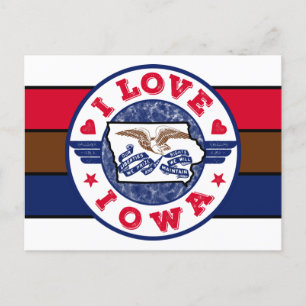 I Love Iowa Retro Stripes State Map and Flag Postcard