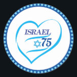 I Love Israel 75 Anniversary, Independence Day Classic Round Sticker<br><div class="desc">Israel 75th anniversary, Independence Day Party Blue Star of David, Israeli Flag, Yom Haatzmaut Jewish Holiday festive greeting logo, Jerusalem banner with Israeli blue star, Magendavid label flag, fireworks, heart Hand Drawn, modern design Patriotic wallpaper, gift, memory present. I love Israel 2023 celebrate. Israel 75 Birthday Festival Event Decoration, Home...</div>
