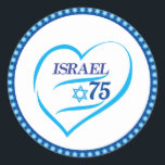 I Love Israel 75 Anniversary, Independence Day Classic Round Sticker<br><div class="desc">Israel 75th anniversary, Independence Day Party Blue Star of David, Israeli Flag, Yom Haatzmaut Jewish Holiday festive greeting logo, Jerusalem banner with Israeli blue star, Magendavid label flag, fireworks, heart Hand Drawn, modern design Patriotic wallpaper, gift, memory present. I love Israel 2023 celebrate. Israel 75 Birthday Festival Event Decoration, Home...</div>