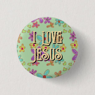 I Love Jesus Christian Girl Flowers Green 1 Inch Round Button