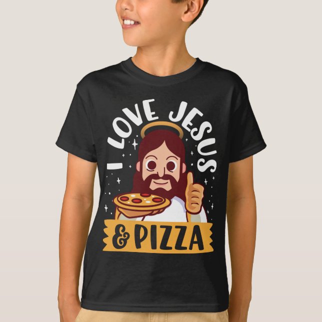 I Love Jesus & Pizza Pepperoni Christian Cartoon B T-Shirt (Front)