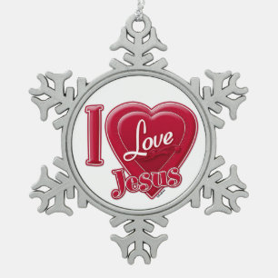 I Love Jesus Red Heart Snowflake Pewter Christmas Ornament