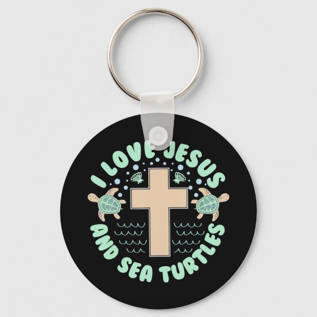I Love Jesus & Sea Turtles Christian Faith Cross B Keychain (Front)