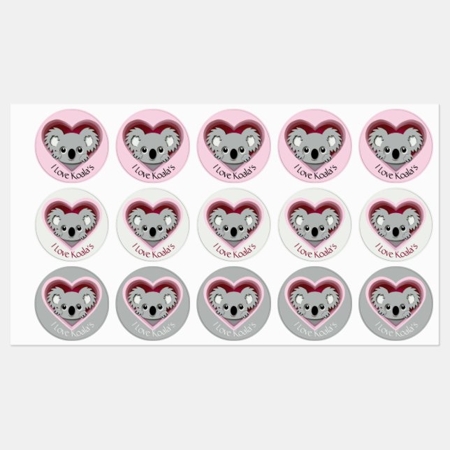 I Love Koalas Sticker Sheet  Cute Koala Bear Heart (Sheet)