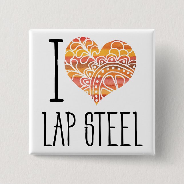 I Love Lap Steel Orange Mandala Heart 2 Inch Square Button (Front)
