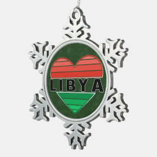 I Love Libya, Libyan Heart Snowflake Pewter Christmas Ornament
