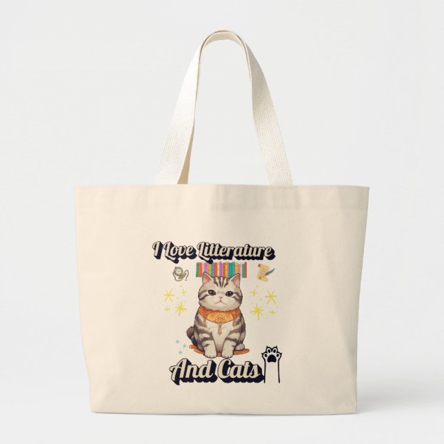 I Love Literature and Cats" Togs Design  Large Tote Bag (Front)