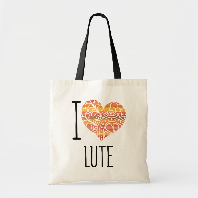 I Love Lute Orange Mandala Heart Tote Bag (Front)